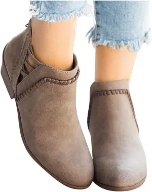 Gibobby Ankle Booties for Women Low Heel,Women's Ankle Booties Retro V Cutout Short Warm Boots Closed Toe Low Heel Combat Style Western Shoes Khaki