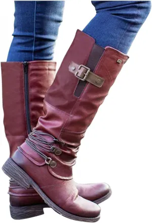 Gibobby Boots for Women Knee High,Mid Waterproof Calf Boots Retro Low Heel Middle Tube Boots Buckle Combat Motorcycle Boots