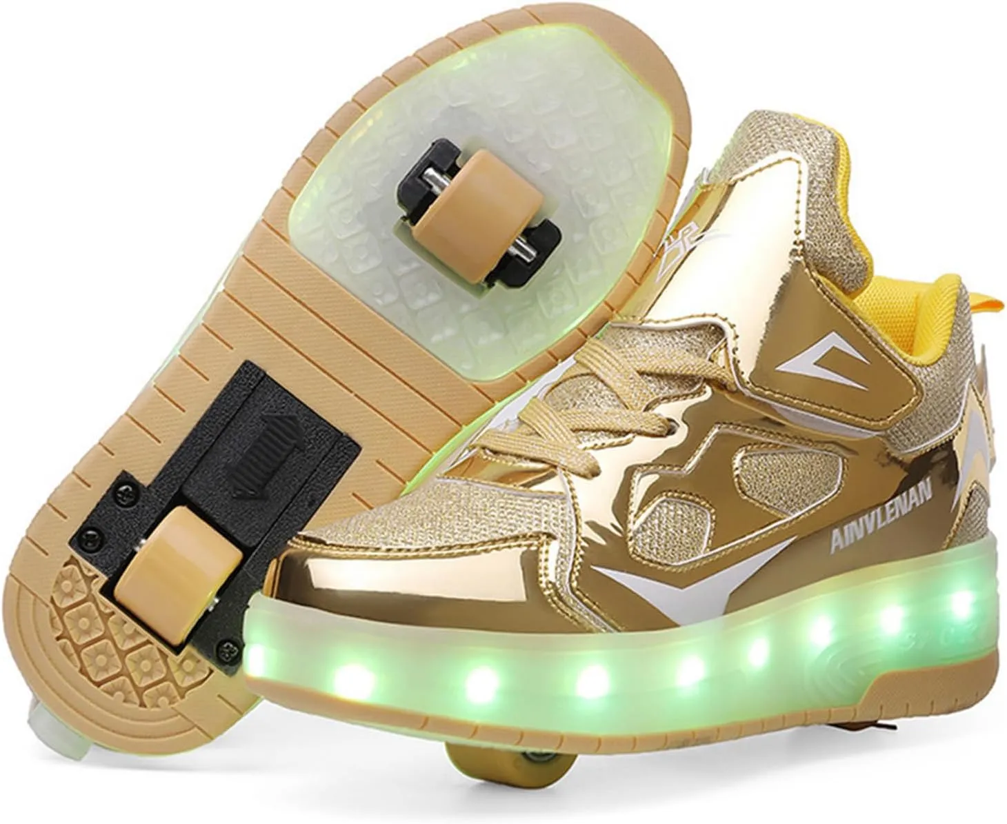 Kids Roller Shoes Boy Girl Sneakers, Gold Street Skateboarding Shoe Fashion Parkour Shoes with 2-Wheels Unisex Retractable Skating Shoes for Children's Park Sports Walking