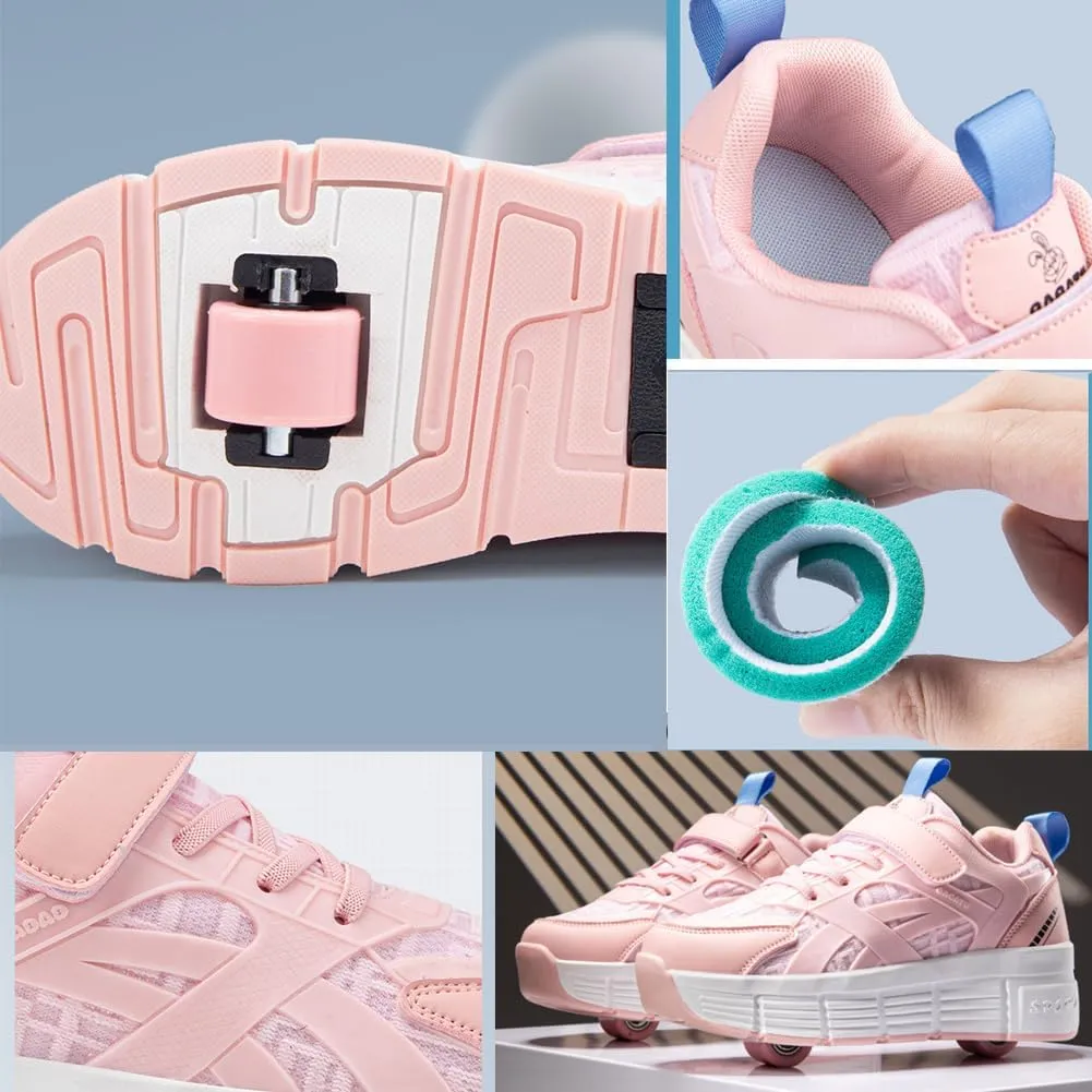 Kids Roller Shoes Boy Girl Sneakers, Outdoor Skateboarding Shoe with 2-Wheels Fashion Parkour Shoes Unisex Retractable Skating Shoes for Children's Park Sports Walking