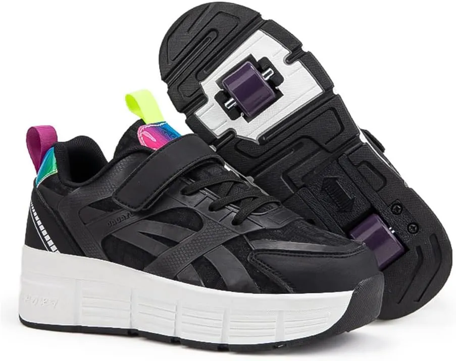 Kids Roller Shoes Boy Girl Sneakers, Outdoor Skateboarding Shoe with 2-Wheels Fashion Parkour Shoes Unisex Retractable Skating Shoes for Children's Park Sports Walking