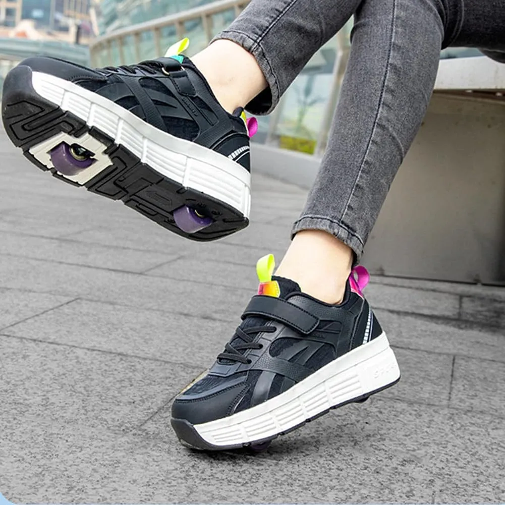 Kids Roller Shoes Boy Girl Sneakers, Outdoor Skateboarding Shoe with 2-Wheels Fashion Parkour Shoes Unisex Retractable Skating Shoes for Children's Park Sports Walking