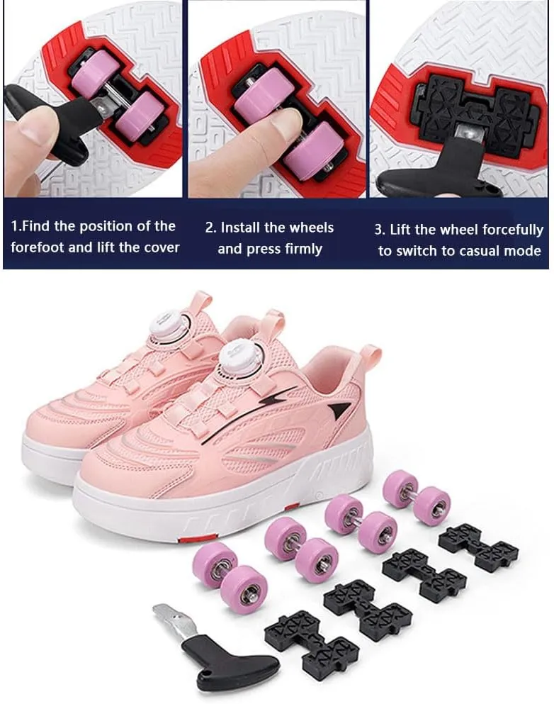 Kids Roller Skate Shoes Roller Sport Sneakers Shoes for Boys Girls Outdoor Parkour Shoes with 4-Wheels Trainer Retractable Sneakers Shoes for Birthday Children Show Gift, White 338