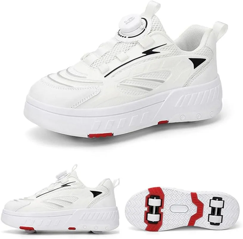 Kids Roller Skate Shoes Roller Sport Sneakers Shoes for Boys Girls Outdoor Parkour Shoes with 4-Wheels Trainer Retractable Sneakers Shoes for Birthday Children Show Gift, White 338