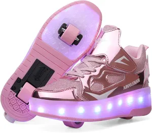Kids Roller Skates Shoes Sneakers for Boys & Girls, Gold Skateboarding Shoe Fashion Parkour Shoes with 2-Wheels Unisex Retractable Skating Shoes for Children's Park Sports Walking, Pink