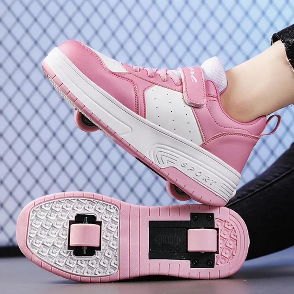 Kids Roller Skates Shoes Sneakers for Boys & Girls, Outdoor Parkour Shoes with 2-Wheels Unisex Skateboarding Shoe Retractable Skating Shoes for Children's Students Sports Walking
