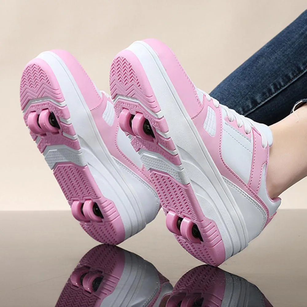 Kids Roller Skates Shoes Sneakers for Boys & Girls, Outdoor Parkour Shoes with 4 Wheels Skateboarding Shoes Retractable Skating Shoes for Children's Sports Walking