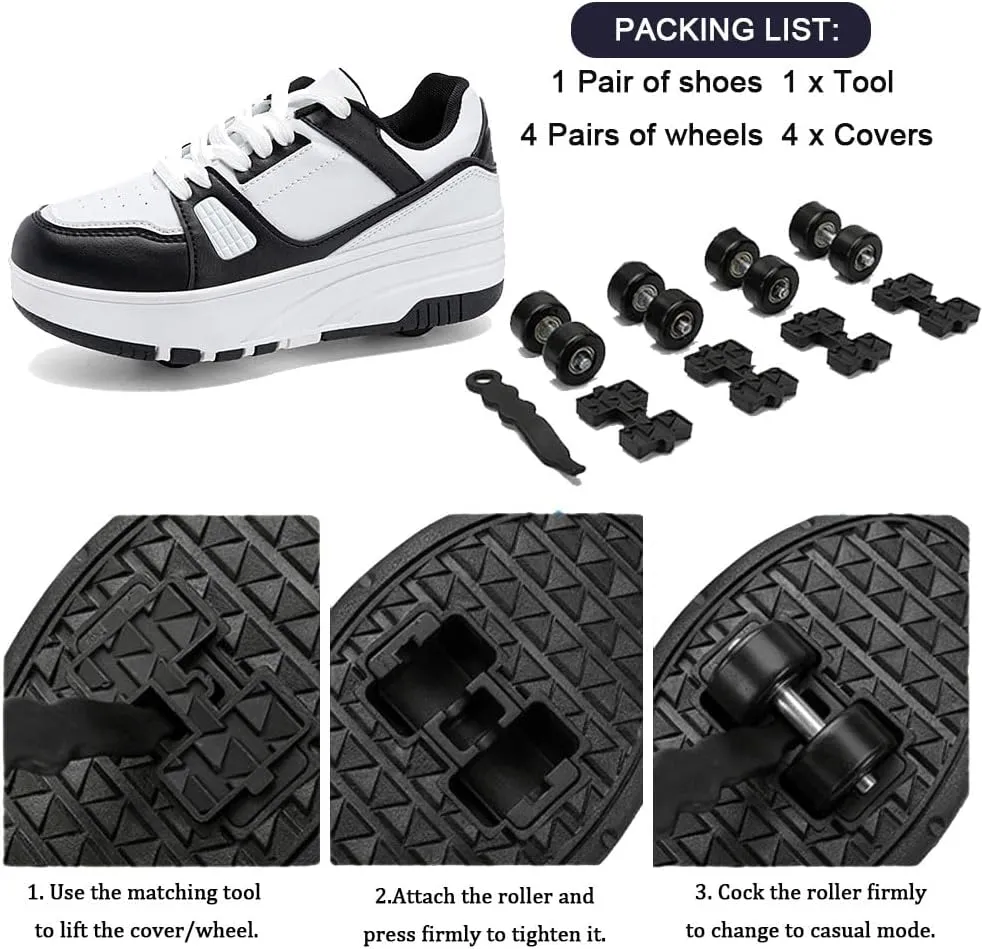 Kids Roller Skates Shoes Sneakers for Boys & Girls, Outdoor Parkour Shoes with 4 Wheels Skateboarding Shoes Retractable Skating Shoes for Children's Sports Walking