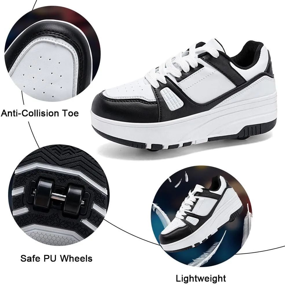 Kids Roller Skates Shoes Sneakers for Boys & Girls, Outdoor Parkour Shoes with 4 Wheels Skateboarding Shoes Retractable Skating Shoes for Children's Sports Walking