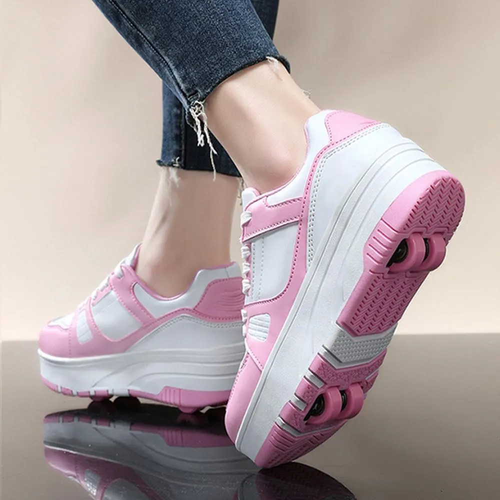 Kids Roller Skates Shoes Sneakers for Boys & Girls, Outdoor Parkour Shoes with 4 Wheels Skateboarding Shoes Retractable Skating Shoes for Children's Sports Walking