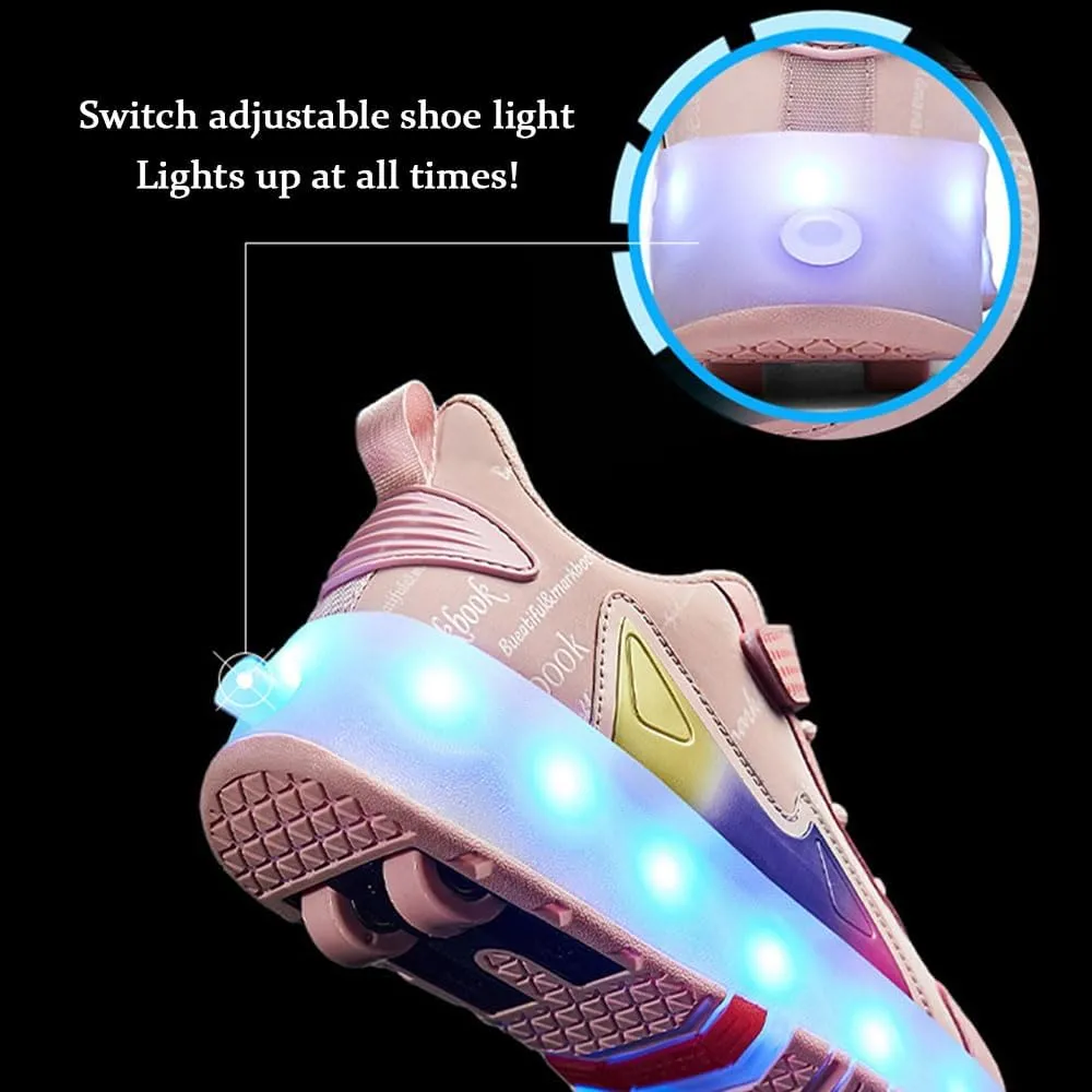 Kids Roller Skates Shoes Sneakers for Boys & Girls, Outdoor Parkour Shoes with 4 Wheels Unisex Skateboarding Shoes Retractable Skating Shoes for Children's Sports Walking Sneakers