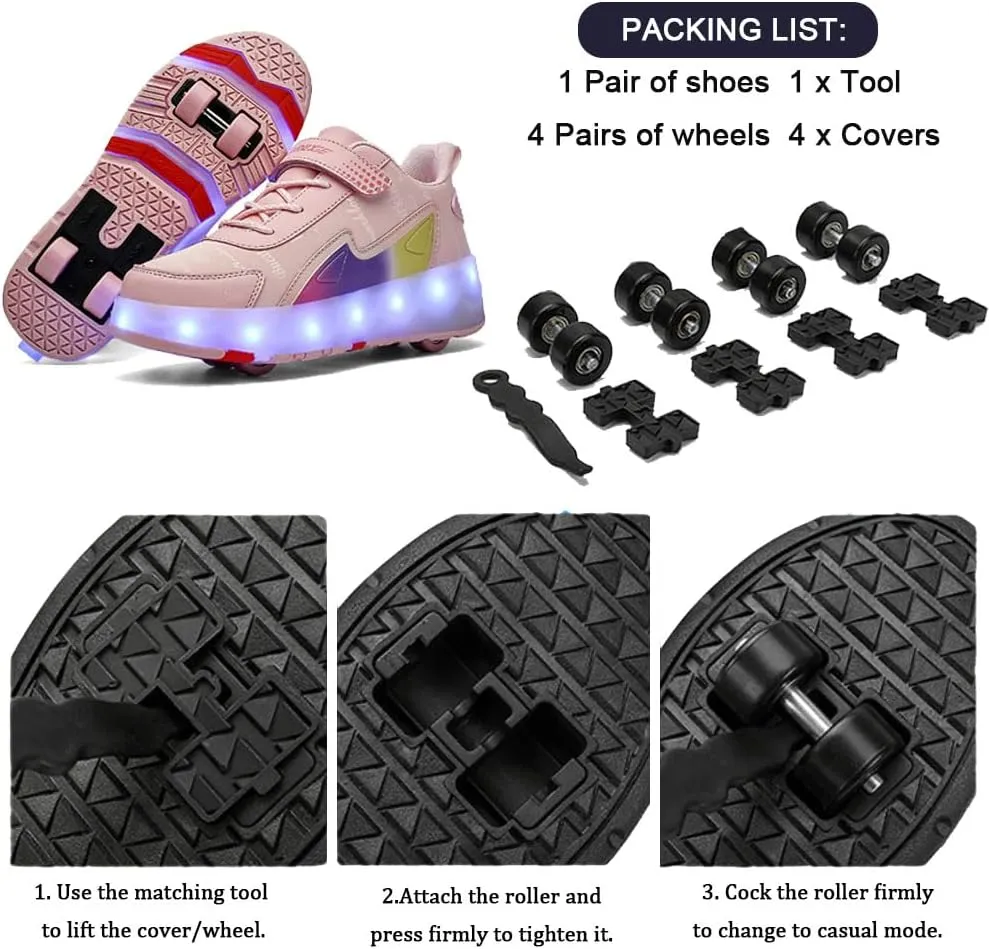Kids Roller Skates Shoes Sneakers for Boys & Girls, Outdoor Parkour Shoes with 4 Wheels Unisex Skateboarding Shoes Retractable Skating Shoes for Children's Sports Walking Sneakers