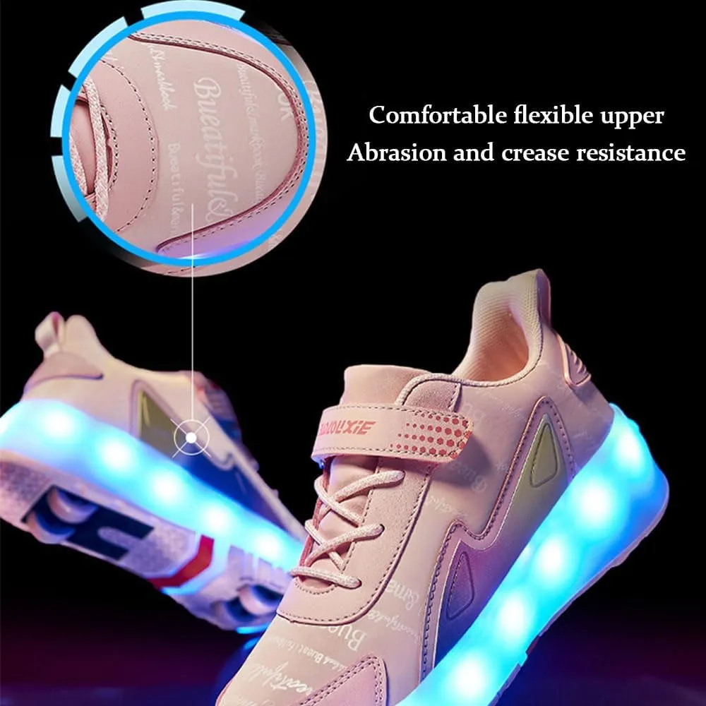 Kids Roller Skates Shoes Sneakers for Boys & Girls, Outdoor Parkour Shoes with 4 Wheels Unisex Skateboarding Shoes Retractable Skating Shoes for Children's Sports Walking Sneakers