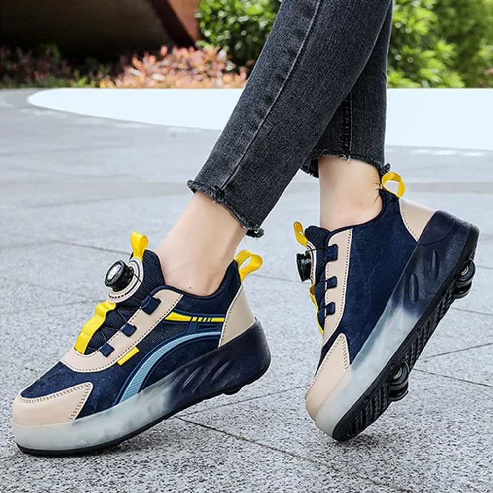 Kids Roller Skates Shoes Sneakers for Boys & Girls, Outdoor Parkour Shoes with 4 Wheels Unisex Skateboarding Shoes Retractable Skating Shoes for Children's Sports Walking