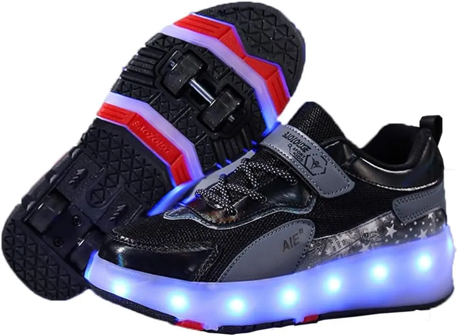 Kids Roller Skates Shoes Sneakers for Boys & Girls, Unisex Outdoor Parkour Shoes with 4-Wheels Trainer Skateboarding Shoe Retractable Skating Shoes for Children's Park Sports Walking