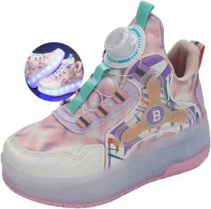 Kids Roller Skates Shoes Sneakers for Boys & Girls, USB Recharge 7 Colour LED, Automatic Retrectable Technical Skateboarding Skates for Light up Shiny Sneakers Pink Blue for Girls Boys Novel Gift