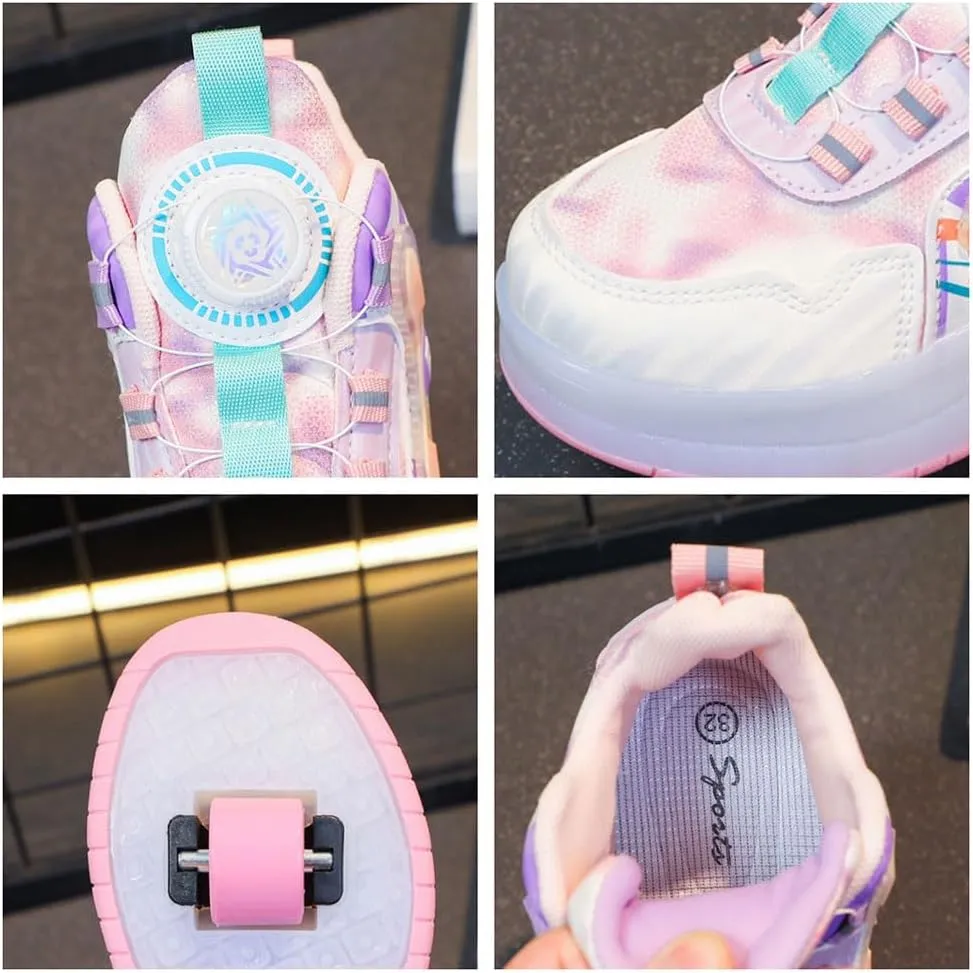Kids Roller Skates Shoes Sneakers for Boys & Girls, USB Recharge 7 Colour LED, Automatic Retrectable Technical Skateboarding Skates for Light up Shiny Sneakers Pink Blue for Girls Boys Novel Gift