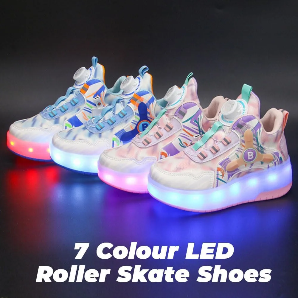 Kids Roller Skates Shoes Sneakers for Boys & Girls, USB Recharge 7 Colour LED, Automatic Retrectable Technical Skateboarding Skates for Light up Shiny Sneakers Pink Blue for Girls Boys Novel Gift