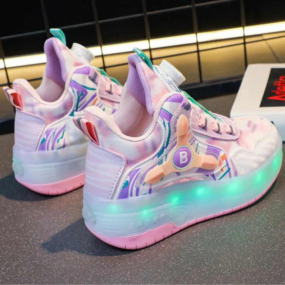 Kids Roller Skates Shoes Sneakers for Boys & Girls, USB Recharge 7 Colour LED, Automatic Retrectable Technical Skateboarding Skates for Light up Shiny Sneakers Pink Blue for Girls Boys Novel Gift
