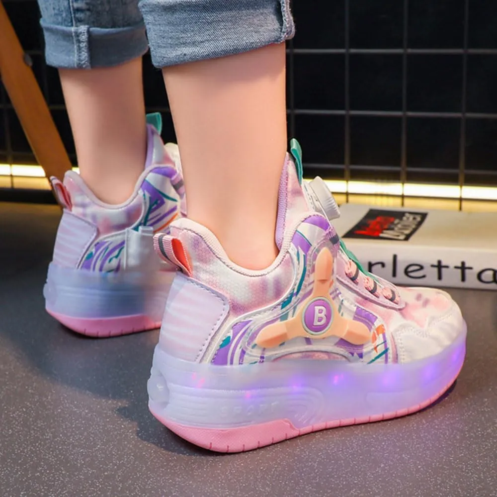 Kids Roller Skates Shoes Sneakers for Boys & Girls, USB Recharge 7 Colour LED, Automatic Retrectable Technical Skateboarding Skates for Light up Shiny Sneakers Pink Blue for Girls Boys Novel Gift