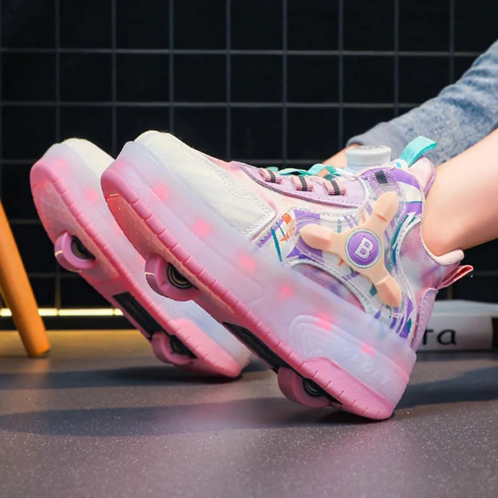 Kids Roller Skates Shoes Sneakers for Boys & Girls, USB Recharge 7 Colour LED, Automatic Retrectable Technical Skateboarding Skates for Light up Shiny Sneakers Pink Blue for Girls Boys Novel Gift
