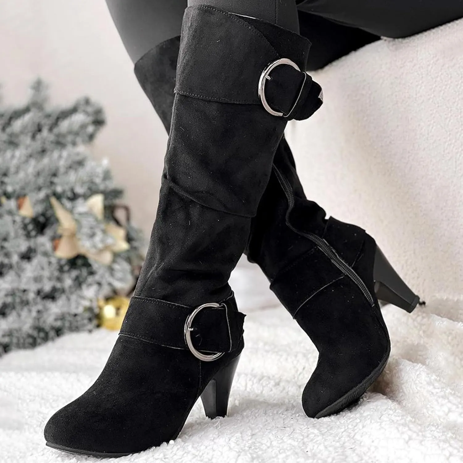 Knee High Boots Women High Heel Fashion Belt Buckle Wine Glass Heel Pointed Toe Solid Color Thigh High Knee Boots