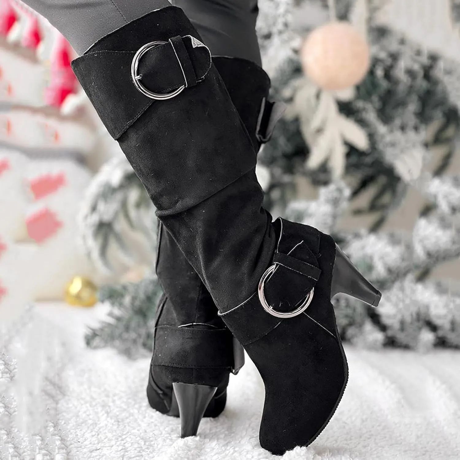 Knee High Boots Women High Heel Fashion Belt Buckle Wine Glass Heel Pointed Toe Solid Color Thigh High Knee Boots