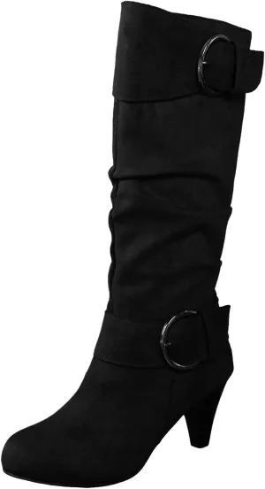 Knee High Boots Women High Heel Fashion Belt Buckle Wine Glass Heel Pointed Toe Solid Color Thigh High Knee Boots