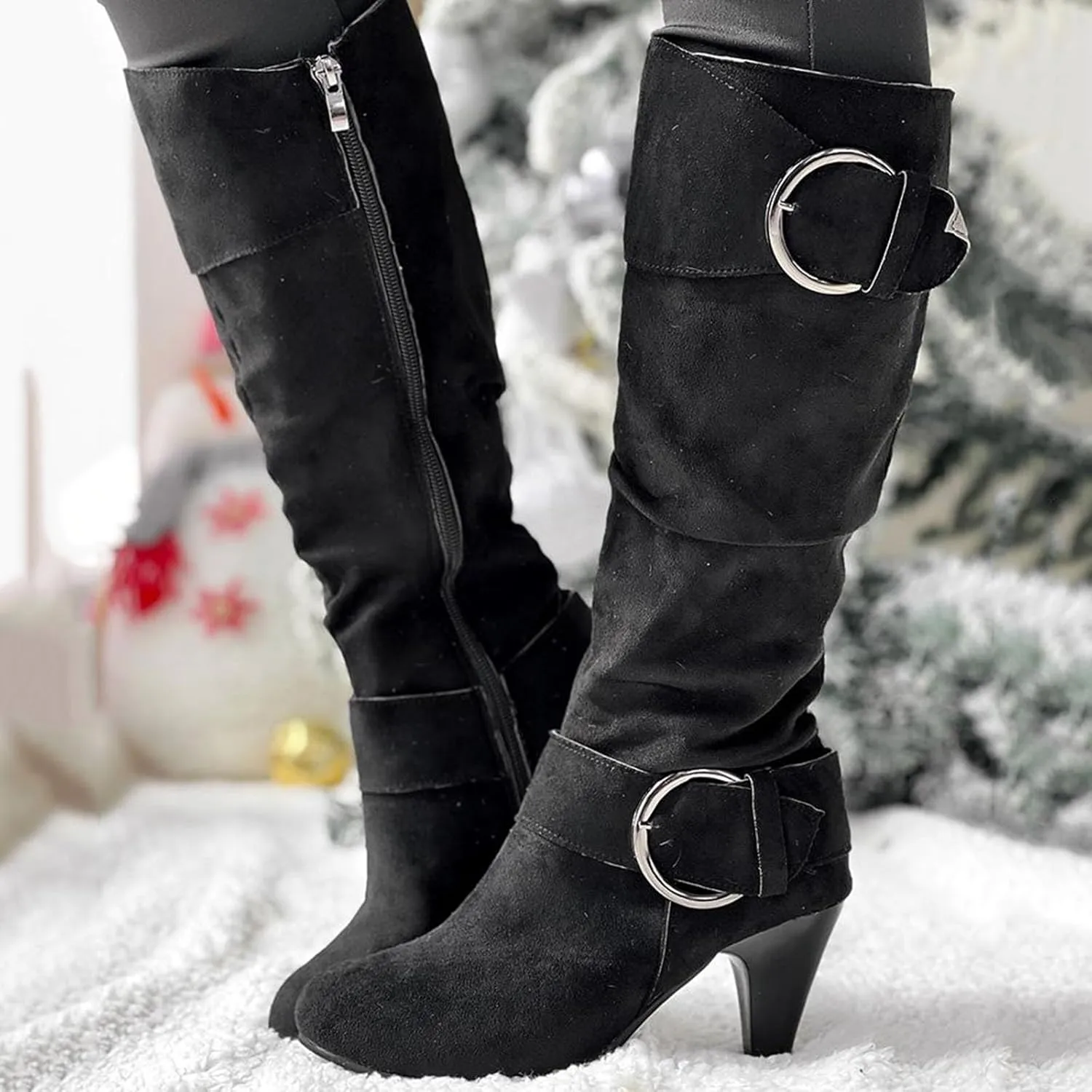 Knee High Boots Women High Heel Fashion Belt Buckle Wine Glass Heel Pointed Toe Solid Color Thigh High Knee Boots