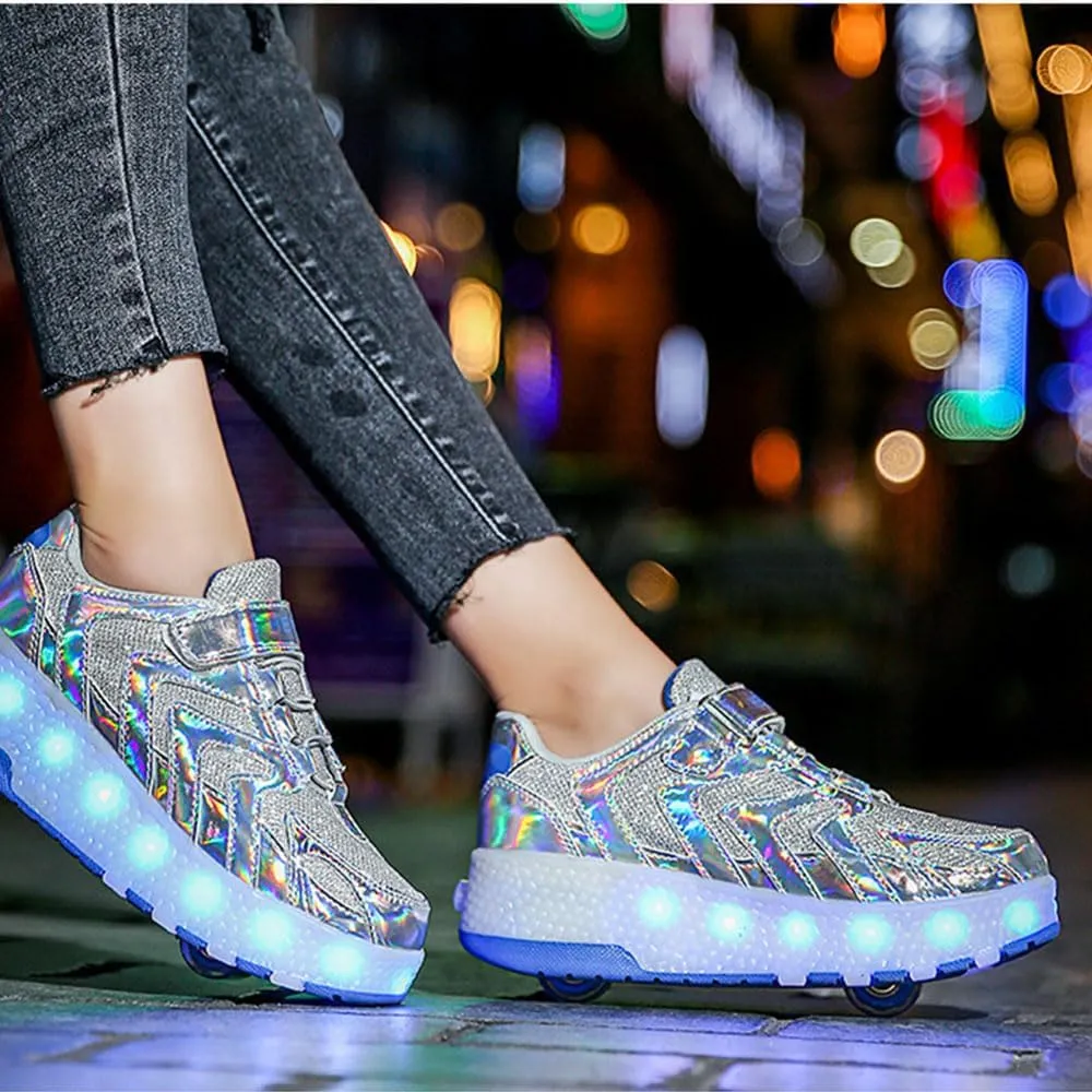LED Kids Roller Skate Shoes USB Recharge Multiple Colour Automatic Retrectable Technical Light up Sneakers for Boys Girls Novel Gift