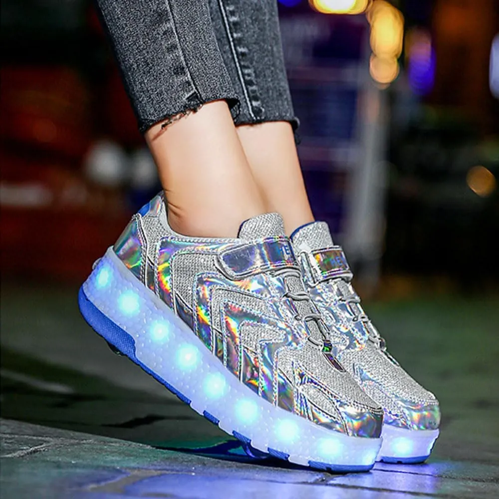 LED Kids Roller Skate Shoes USB Recharge Multiple Colour Automatic Retrectable Technical Light up Sneakers for Boys Girls Novel Gift
