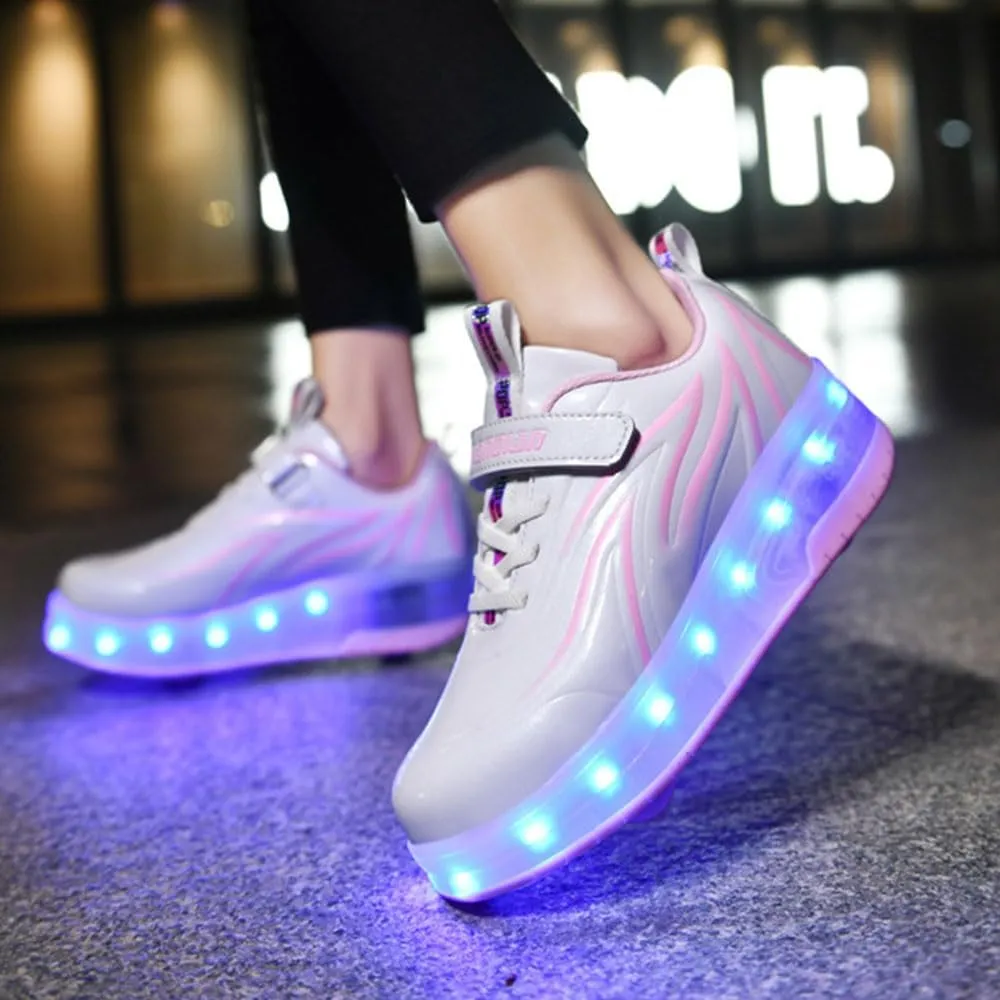 LED Roller Skate Shoes USB Recharge 7 Colour Automatic Retrectable Technical Skateboarding Skates for Kids Light up Sneakers for Girls Boys Novel Gift