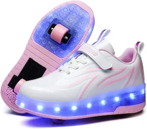 LED Roller Skate Shoes USB Recharge 7 Colour Automatic Retrectable Technical Skateboarding Skates for Kids Light up Sneakers for Girls Boys Novel Gift