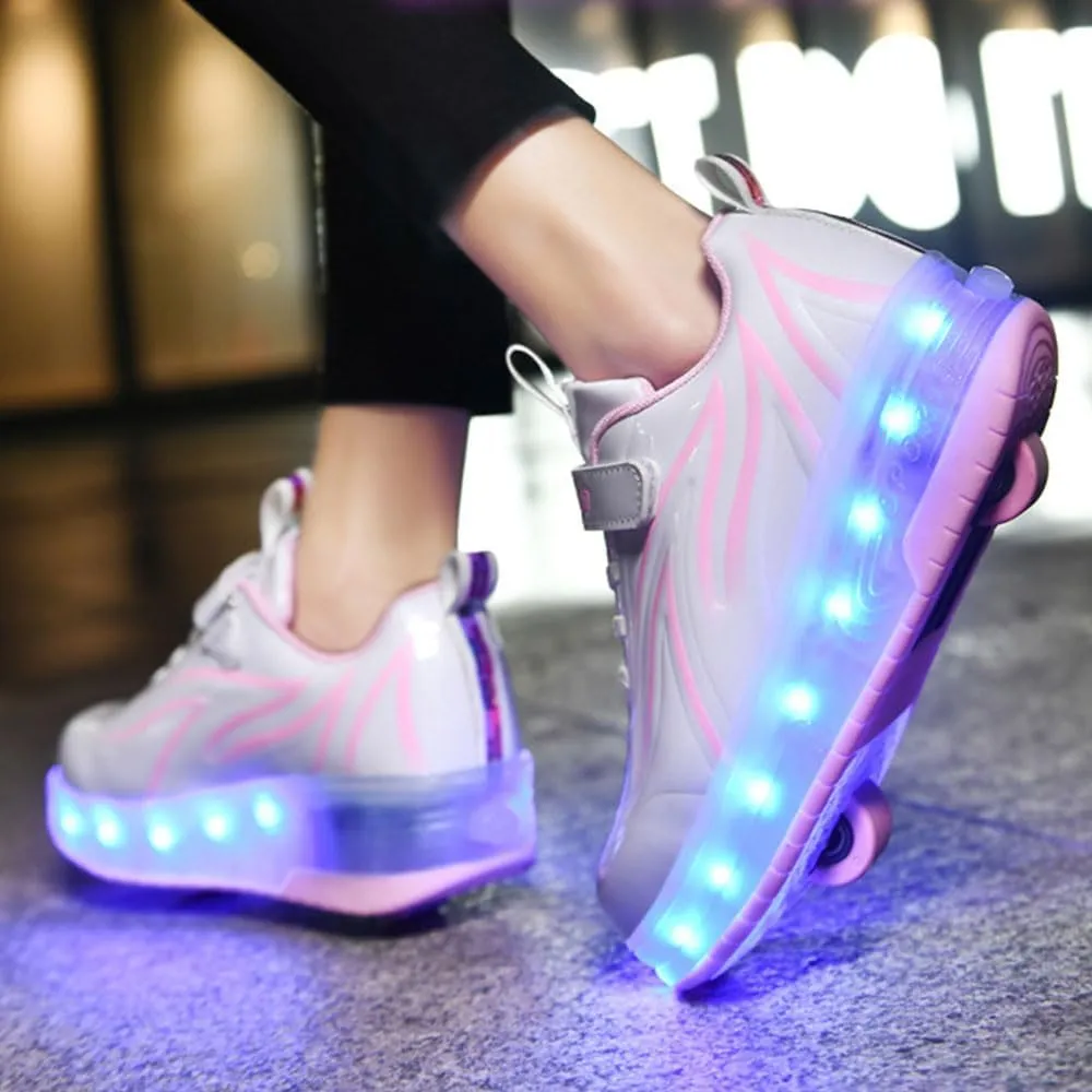 LED Roller Skate Shoes USB Recharge 7 Colour Automatic Retrectable Technical Skateboarding Skates for Kids Light up Sneakers for Girls Boys Novel Gift