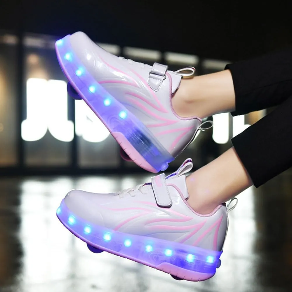 LED Roller Skate Shoes USB Recharge 7 Colour Automatic Retrectable Technical Skateboarding Skates for Kids Light up Sneakers for Girls Boys Novel Gift
