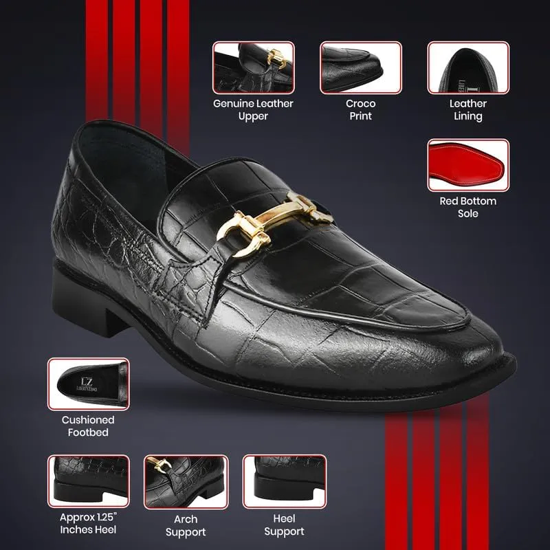 LIBERTYZENO Mens Crocodile Print Genuine Leather Adults Noble Penny Loafers Slip On Shoes for Prom Graduation