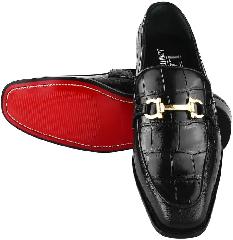 LIBERTYZENO Mens Crocodile Print Genuine Leather Adults Noble Penny Loafers Slip On Shoes for Prom Graduation