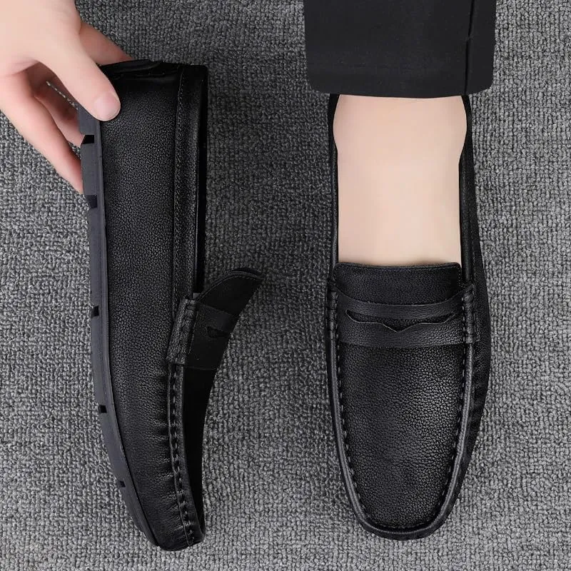 Loafers for Men Square Toe Nubuck Leather Penny Driving Loafers Lightweight Anti-Slip Flexible Classic Fashion Slip On(Black,8.5)