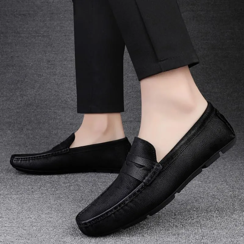 Loafers for Men Square Toe Nubuck Leather Penny Driving Loafers Lightweight Anti-Slip Flexible Classic Fashion Slip On(Black,8.5)