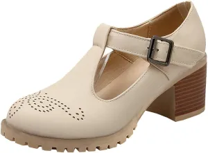MAVMAX Women's T-Strap Mary Jane Block Heel Wingtip Oxford Brogue Shoes