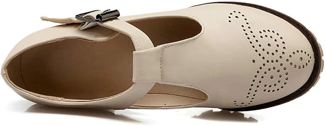MAVMAX Women's T-Strap Mary Jane Block Heel Wingtip Oxford Brogue Shoes