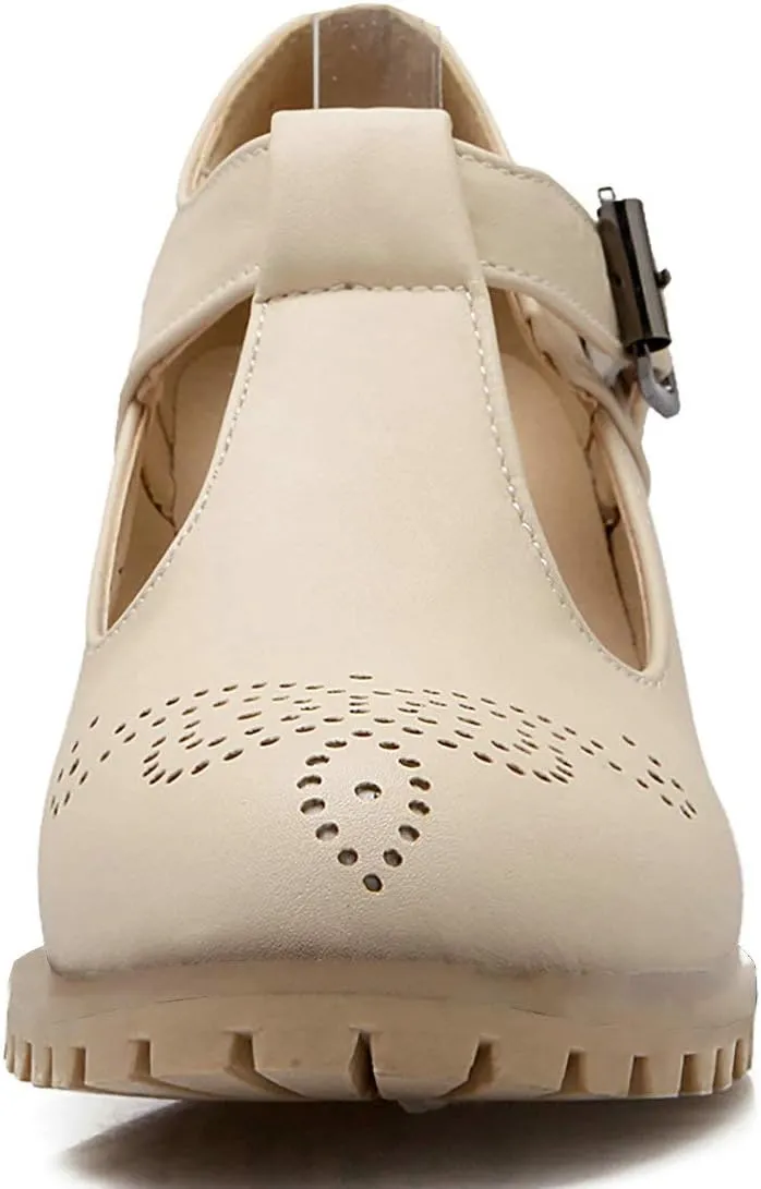 MAVMAX Women's T-Strap Mary Jane Block Heel Wingtip Oxford Brogue Shoes