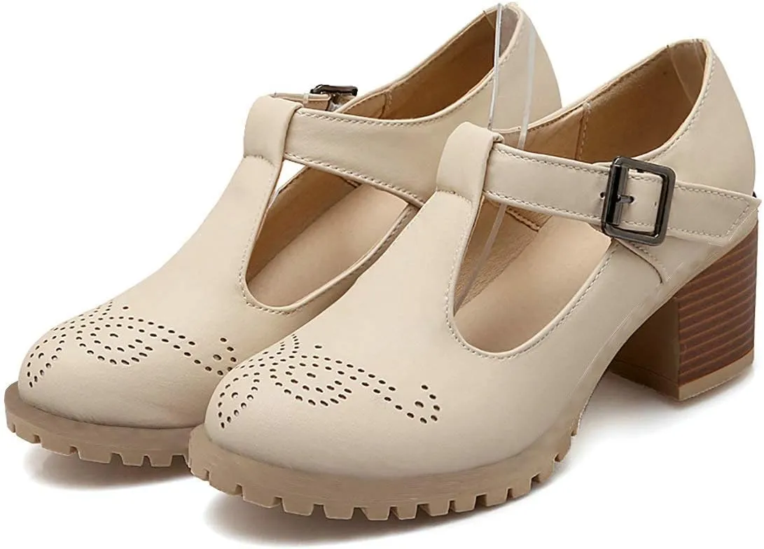 MAVMAX Women's T-Strap Mary Jane Block Heel Wingtip Oxford Brogue Shoes