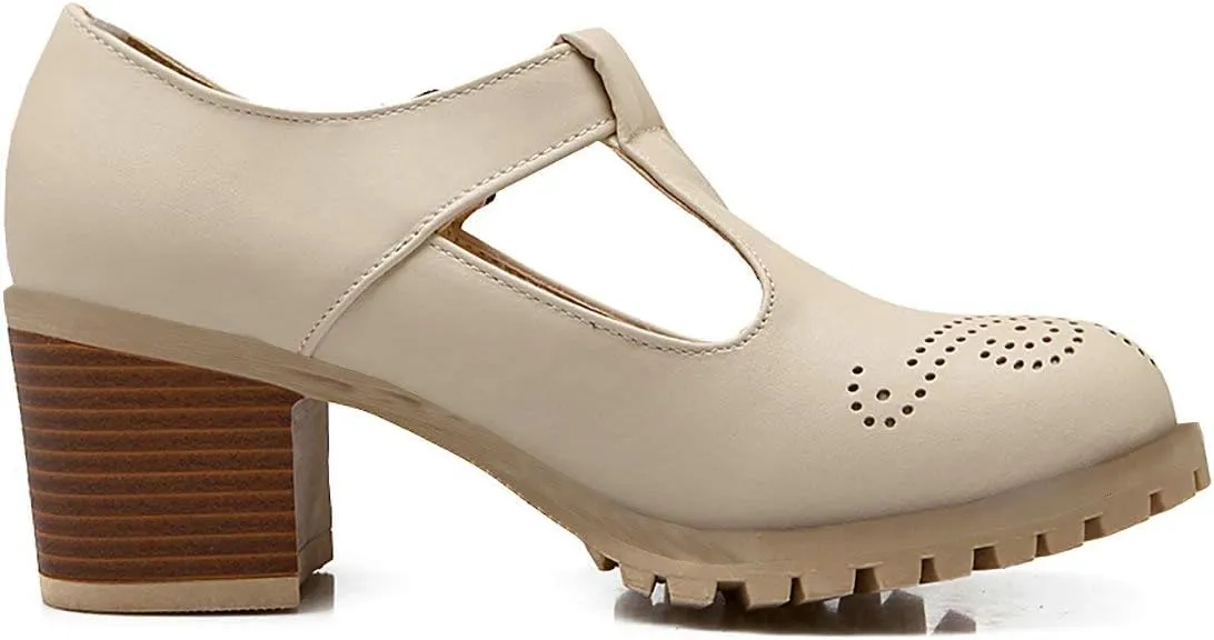 MAVMAX Women's T-Strap Mary Jane Block Heel Wingtip Oxford Brogue Shoes