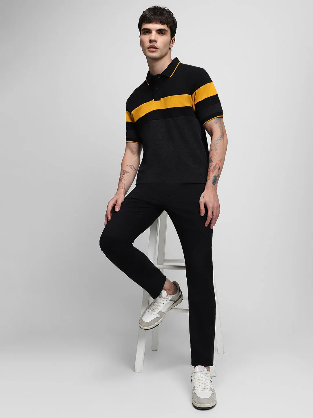 Men's Cotton Black Color-Blocked Polo T-Shirt