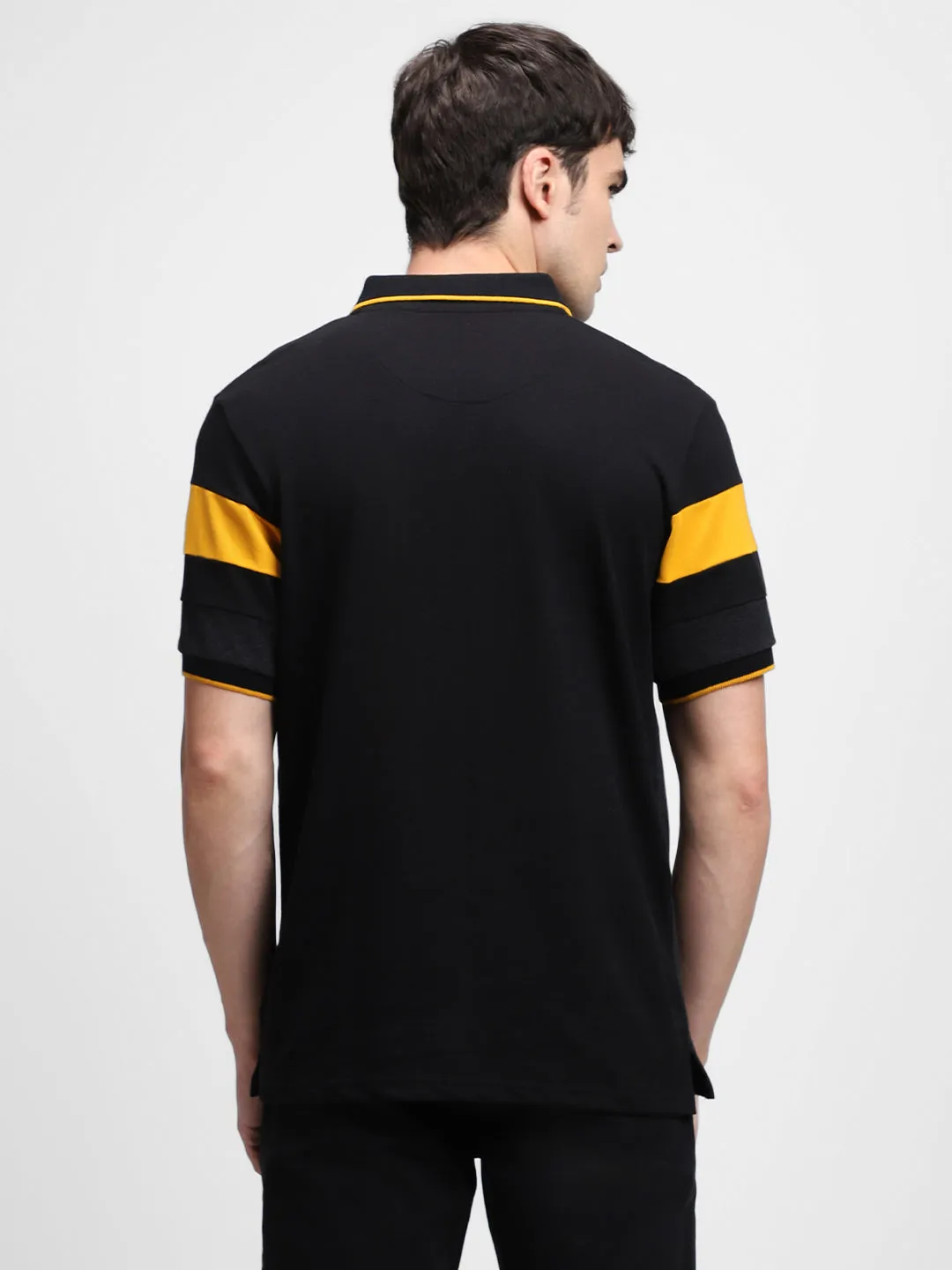 Men's Cotton Black Color-Blocked Polo T-Shirt