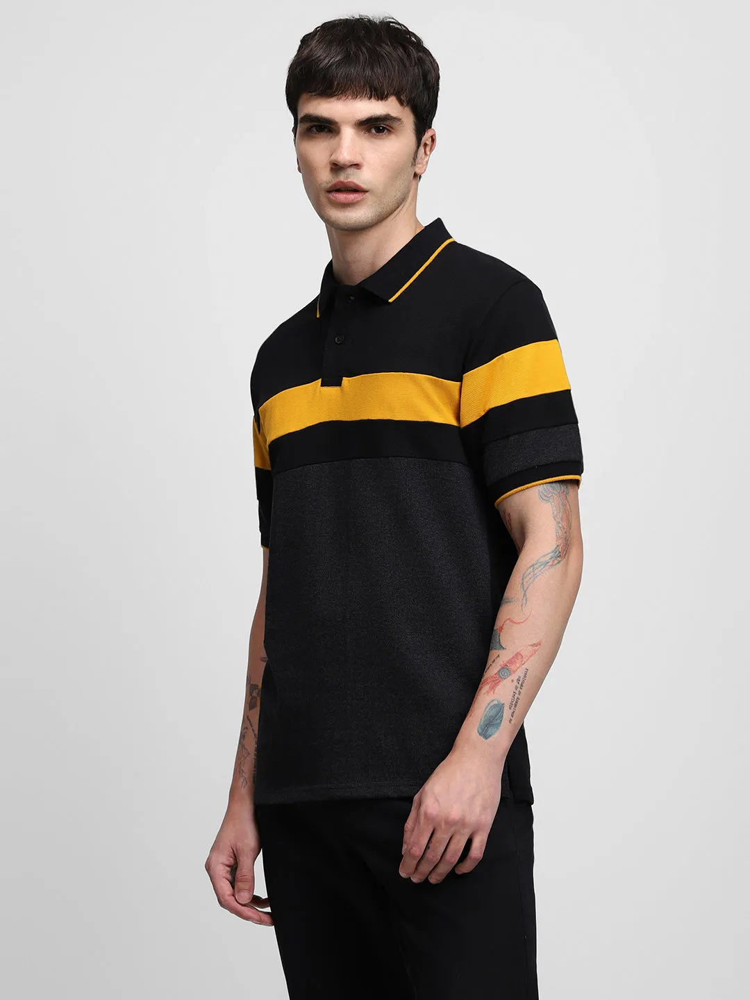 Men's Cotton Black Color-Blocked Polo T-Shirt