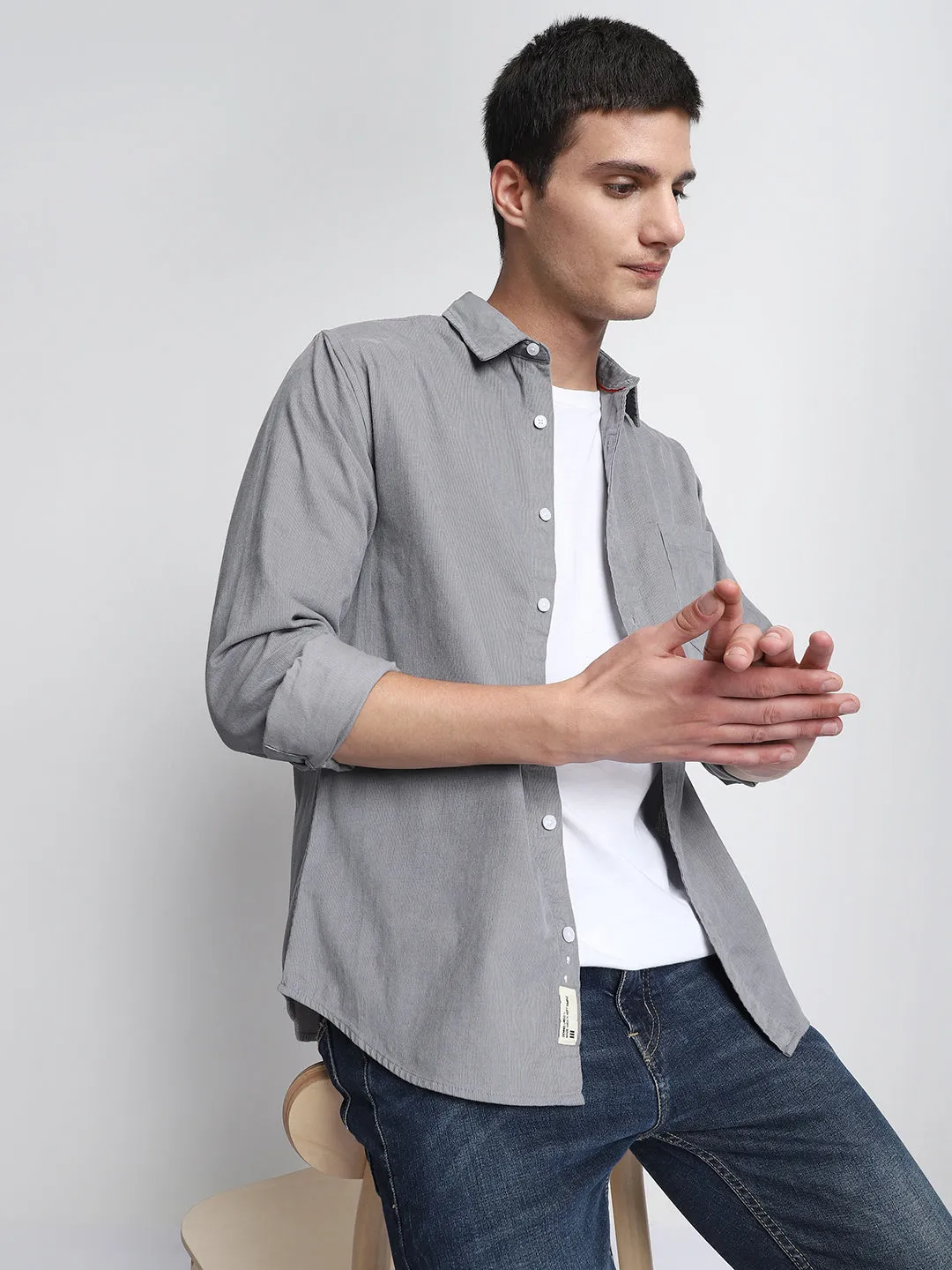 Men's Cuban Collar Regular Fit Printed Navy Casual Shirt