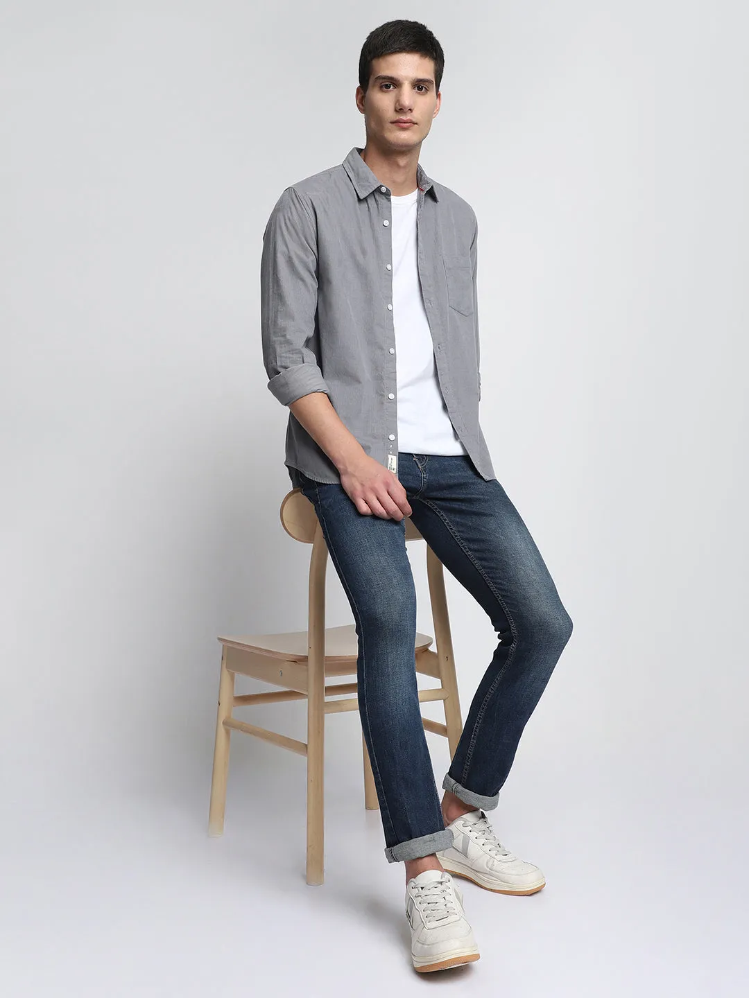 Men's Cuban Collar Regular Fit Printed Navy Casual Shirt