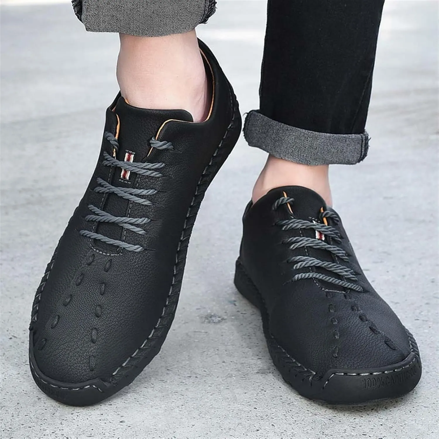 Men's Fashion Leather Non-Slip Lace Up Loafers Breathable Casual Outdoor Sports Walking Shoes Lightweight Flat Shoes for Men